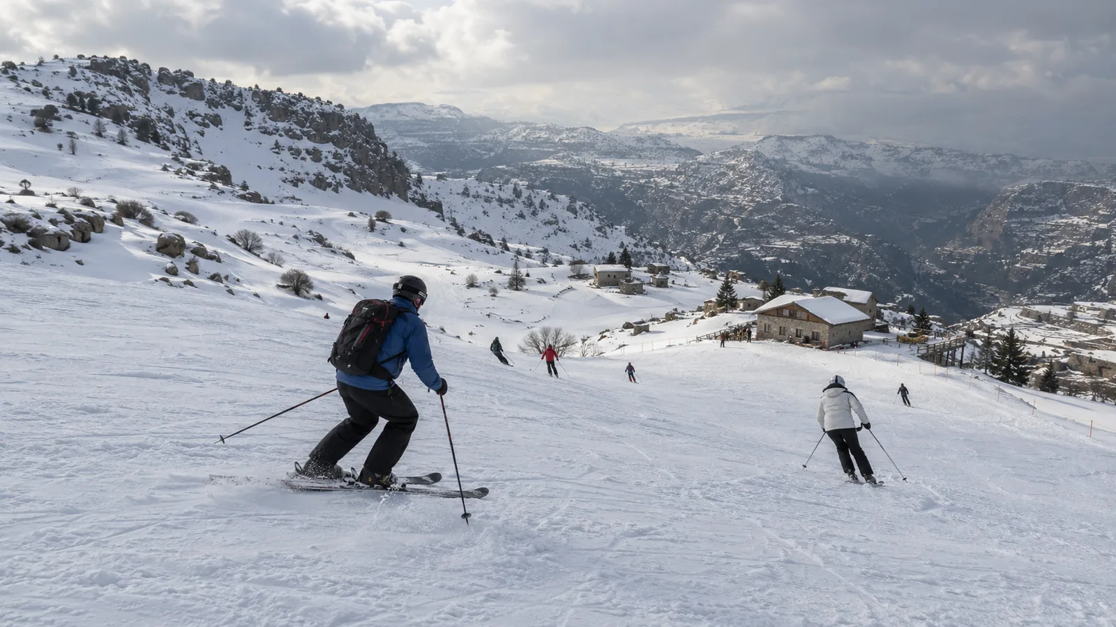 Snowy open ski terrain at Laqlouq Ski Resort in Lebanon