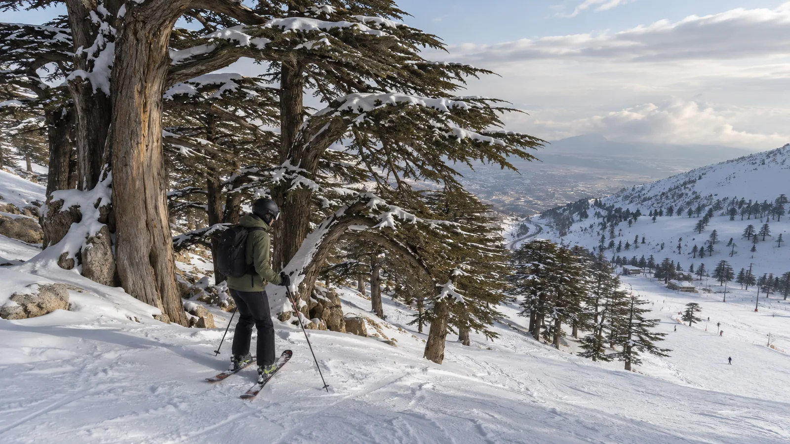 Skier near snow-covered cedar trees in Lebanon's Cedars ski area