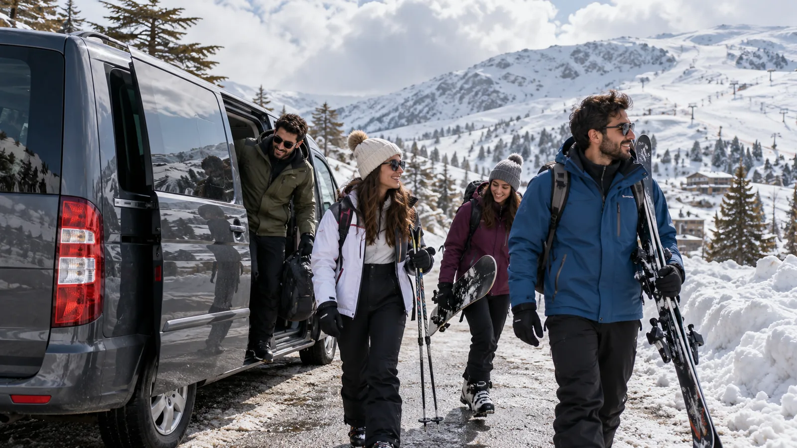 Travelers arriving in Lebanon's snowy mountains in a private transfer vehicle