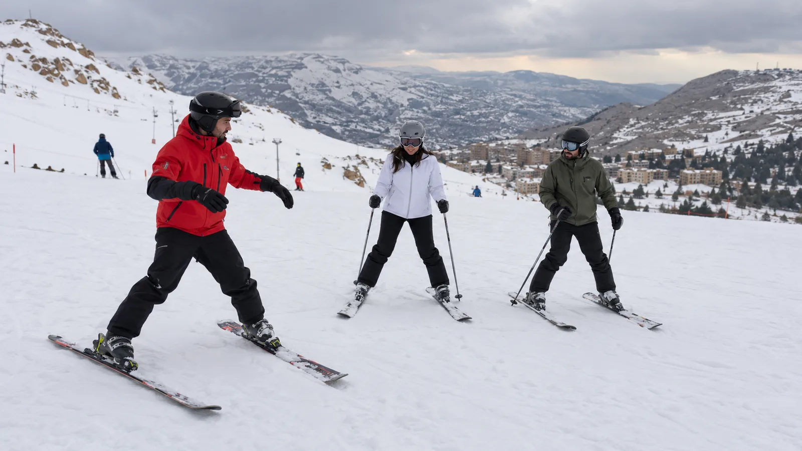 Instructor demonstrating beginner ski technique in Lebanon
