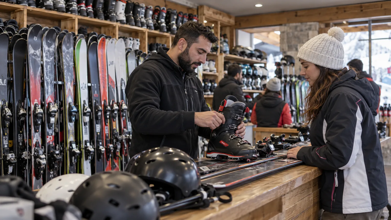 Ski boots and equipment prepared for rental before a Lebanon ski day