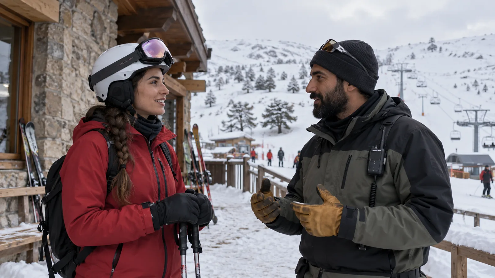 Local ski instructor speaking with a resort team member outside a winter lodge