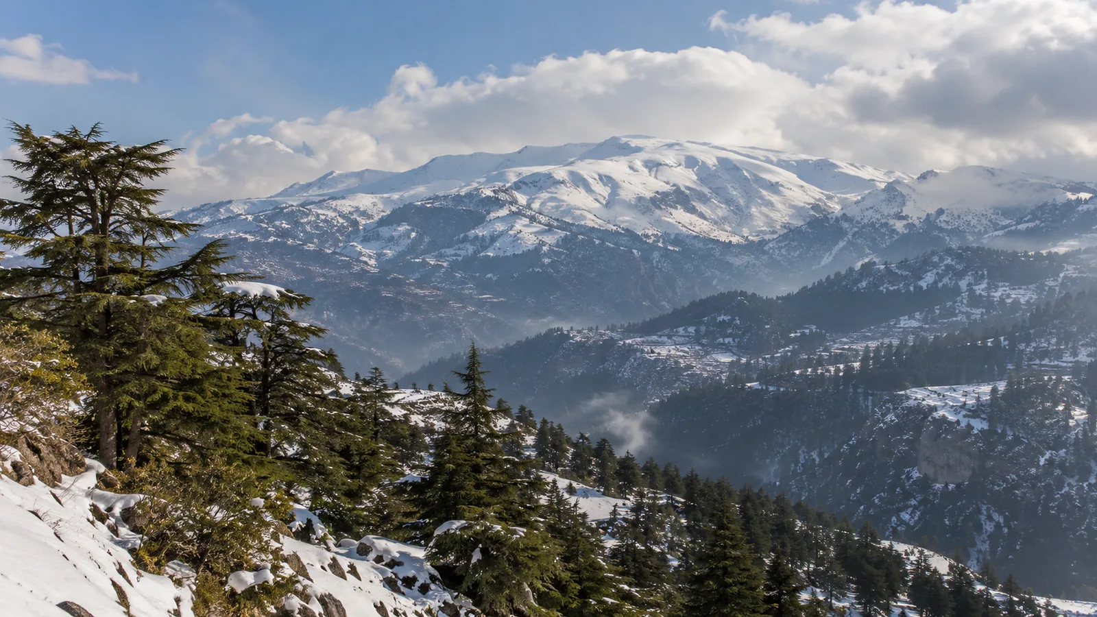 Expansive snow-covered mountains of Lebanon on a clear winter day