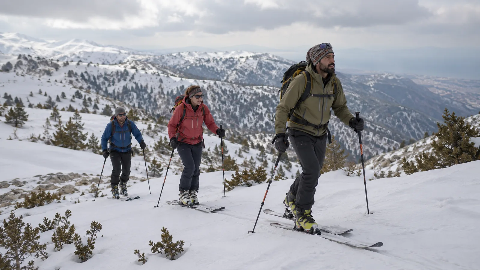 Adult ski tourers crossing a snowy ridge with an experienced guide in Lebanon