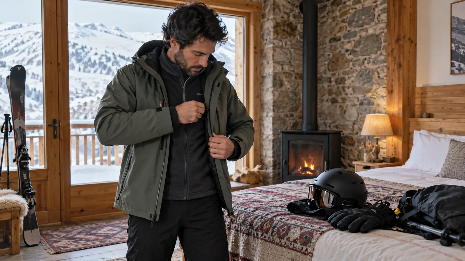 Warm clothing and ski accessories arranged indoors for a winter mountain day