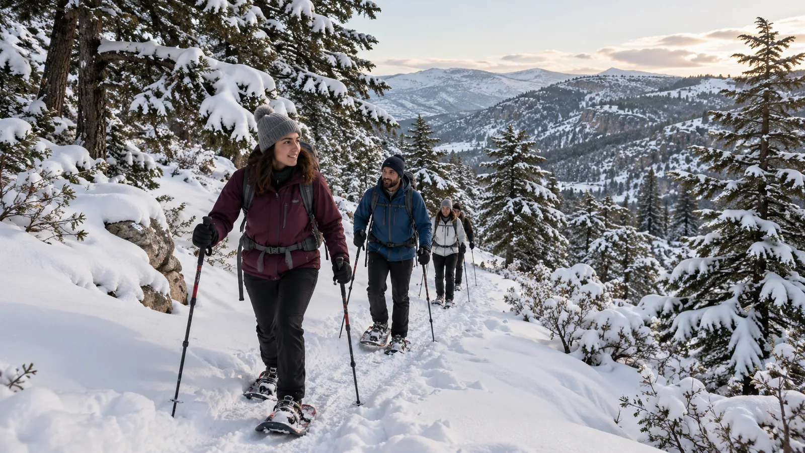 Visitors snowshoeing along a winter woodland trail in Lebanon